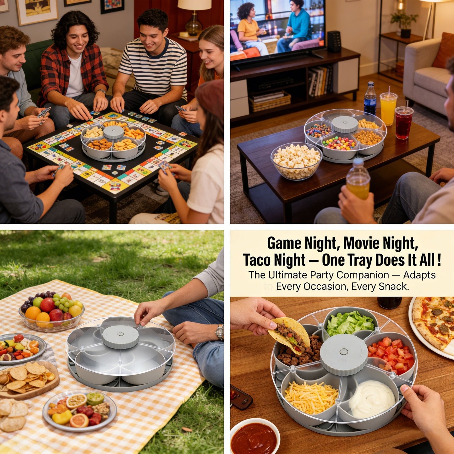 🎁Free Shipping！🍽️ Rotating 5-Compartment Snack Tray